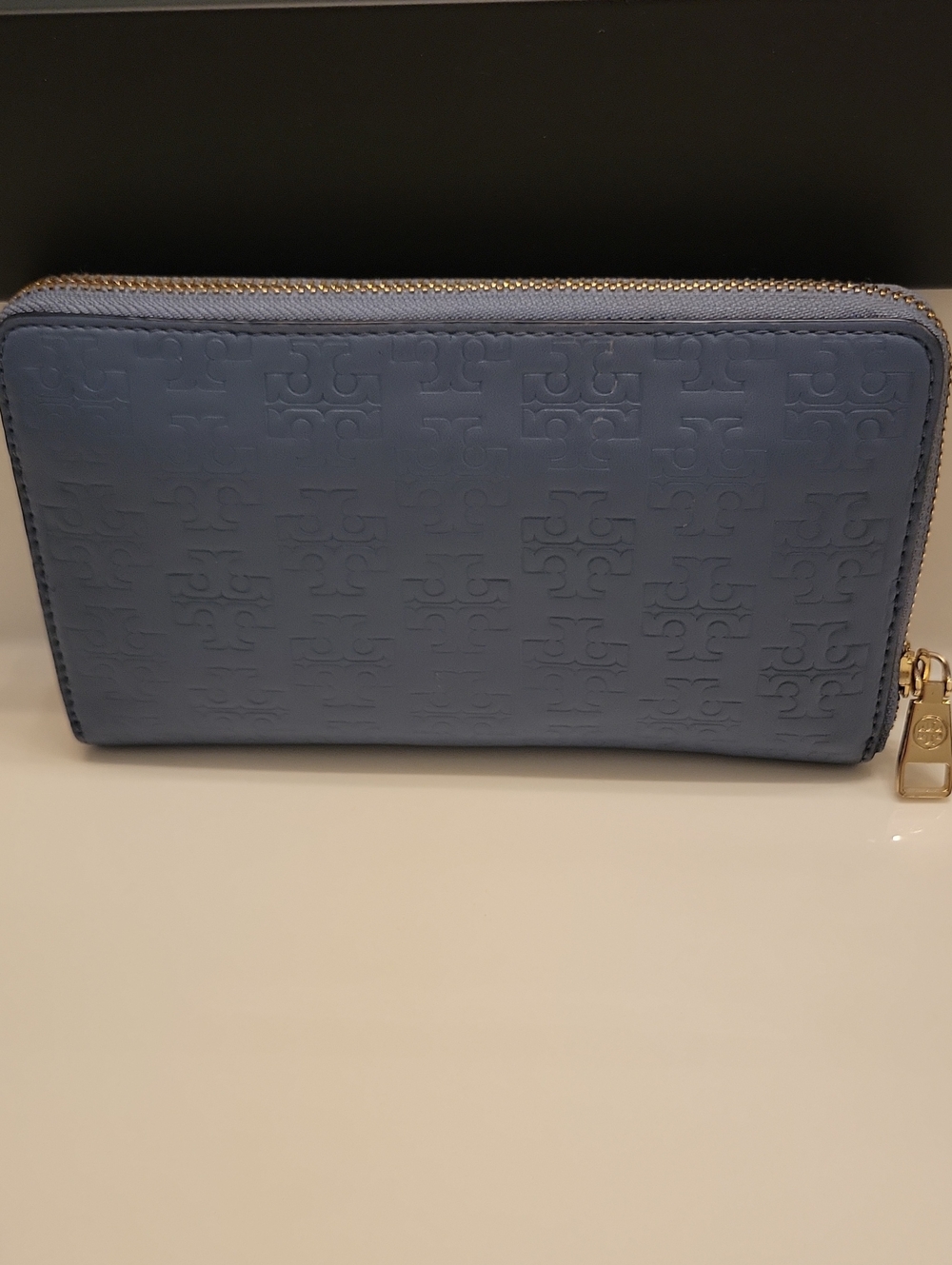 Tory Burch Periwinkle Embossed Logo Zip Wallet